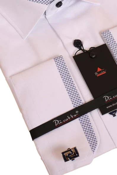 Beyaz Lacivert Bieli Yaka Dar Kesim Micro Kumaş Kol Düğmeli Slim Fit Erkek Gömlek - 200-3 - Resim 3