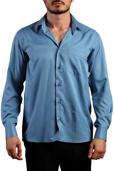 Turkuaz Mavi Rahat Kesim Micro Kumaş Kol Düğmeli Regular Fit Erkek Gömlek - 190-18 - Resim 2