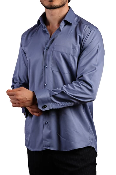 İndigo Büyük Beden Rahat Kesim Micro Kumaş Kol Düğmeli Regular Fit Erkek Gömlek - 190-5 - Resim 3