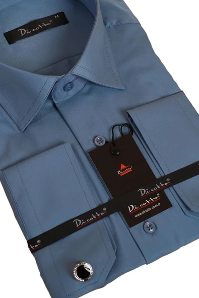 Turkuaz Mavi Büyük Beden Rahat Kesim Micro Kumaş Kol Düğmeli Regular Fit Erkek Gömlek - 190-18 - Resim 2