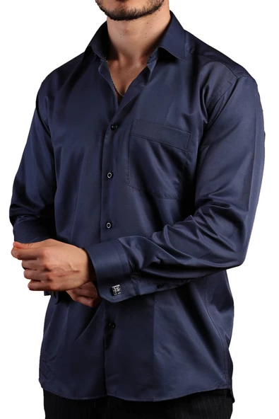 Lacivert Rahat Kesim Micro Kumaş Kol Düğmeli Regular Fit Erkek Gömlek - 190-12 - Resim 3