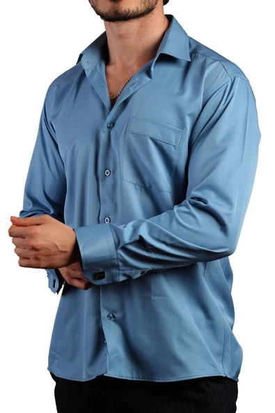 Turkuaz Mavi Rahat Kesim Micro Kumaş Kol Düğmeli Regular Fit Erkek Gömlek - 190-18 - Resim 3