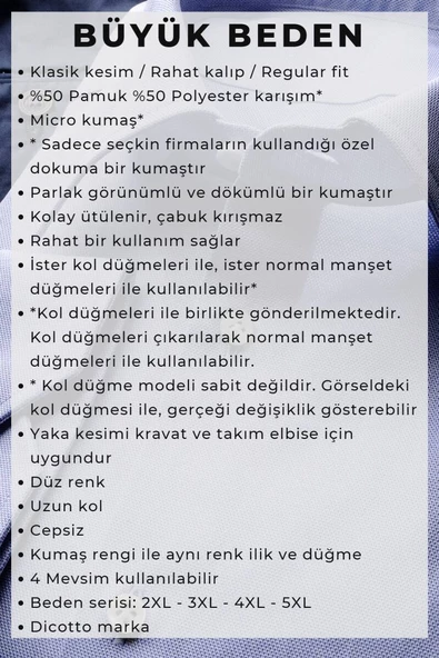 İndigo Büyük Beden Rahat Kesim Micro Kumaş Kol Düğmeli Regular Fit Erkek Gömlek - 190-5 - Resim 5