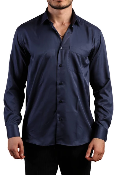 Lacivert Rahat Kesim Micro Kumaş Kol Düğmeli Regular Fit Erkek Gömlek - 190-12 - Resim 2