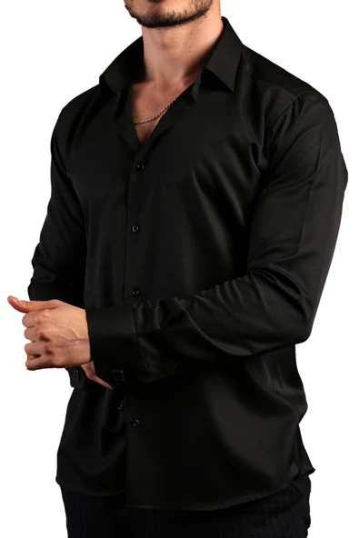 Siyah 8 Drop Ekstra Uzun Kol Dar Kesim Micro Kumaş Kol Düğmeli Slim Fit Erkek Gömlek - 197-6 - 3
