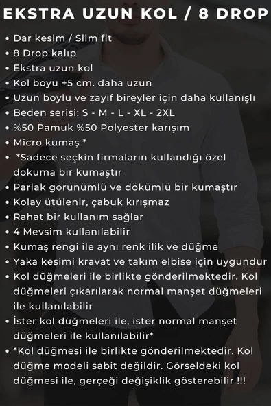 Siyah 8 Drop Ekstra Uzun Kol Dar Kesim Micro Kumaş Kol Düğmeli Slim Fit Erkek Gömlek - 197-6 - 5