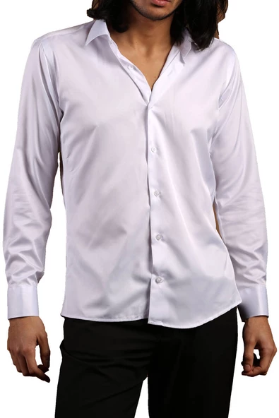 Beyaz Dar Kesim Micro Kumaş Kol Düğmeli Slim Fit Erkek Gömlek - 201-1 - Resim 2