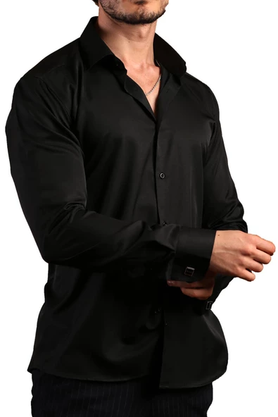 Siyah 8 Drop Ekstra Uzun Kol Dar Kesim Micro Kumaş Kol Düğmeli Slim Fit Erkek Gömlek - 197-6 - 2