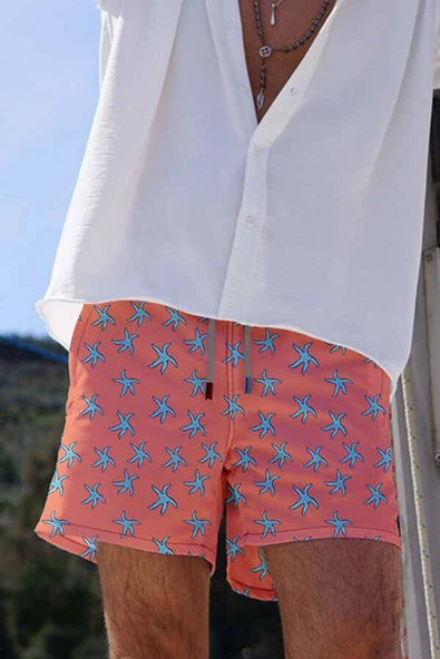 Su İtici Özellikli Dijital Baskılı Erkek Deniz Şort Mayo - 153-Somon - Resim 2