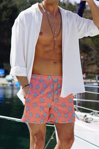Su İtici Özellikli Dijital Baskılı Erkek Deniz Şort Mayo - 153-Somon ürün görseli