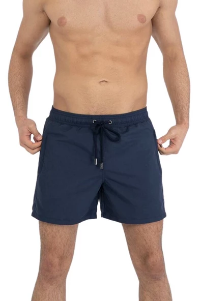 Lacivert Su İtici Özellikli Düz Renk Basic Erkek Plaj Deniz Şort Mayo - 301-Lacivert - Resim 7