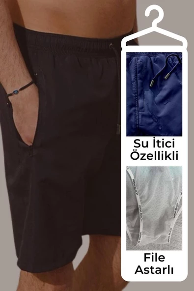 Lacivert Uzun Model Su İtici Özellikli Düz Renk Erkek Plaj Deniz Şort Mayo - 2203-Lacivert - Resim 3