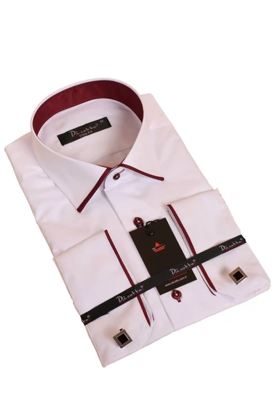 Beyaz Bordo Bieli Yaka Dar Kesim Micro Kumaş Kol Düğmeli Slim Fit Erkek Gömlek - 216-3