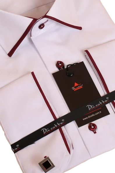Beyaz Bordo Bieli Yaka Dar Kesim Micro Kumaş Kol Düğmeli Slim Fit Erkek Gömlek - 216-3 - Resim 2