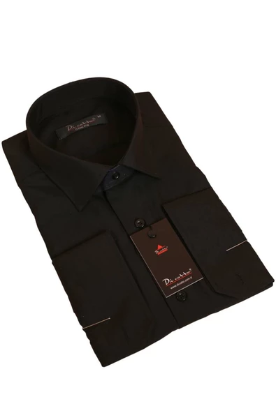 Siyah Dar Kesim Slim Fit Uzun Kol Düz Renk Erkek Gömlek  - 151-20