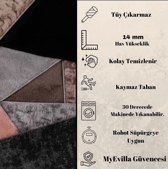 Dekoratif Puffy Peluş Yumuşak Kaymaz Taban Kesme Halı Yolluk Desenli Krem - 7