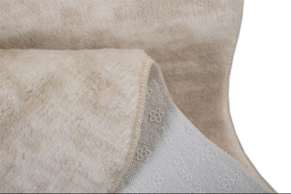 Dekoratif Puffy Peluş Yumuşak Kaymaz Taban Kesme Halı Yolluk Desenli Krem - 3