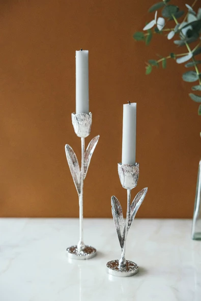2'li Elegant Botanica Gümüş Yapraklı Mumluk Seti - 2