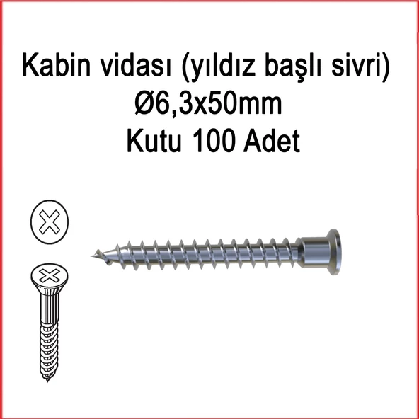Metal Galvaniz Kabin vidası (yıldız başlı sivri) 06,3x50mm 100 Adet Kargo bedava - 5