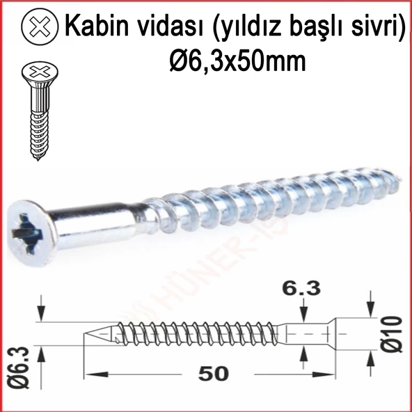 Metal Galvaniz Kabin vidası (yıldız başlı sivri) 06,3x50mm 100 Adet Kargo bedava - 2