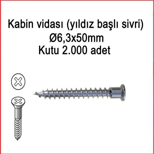 Metal Galvaniz Kabin vidası (yıldız başlı sivri) 06,3x50mm 1000 Adet Kargo bedava