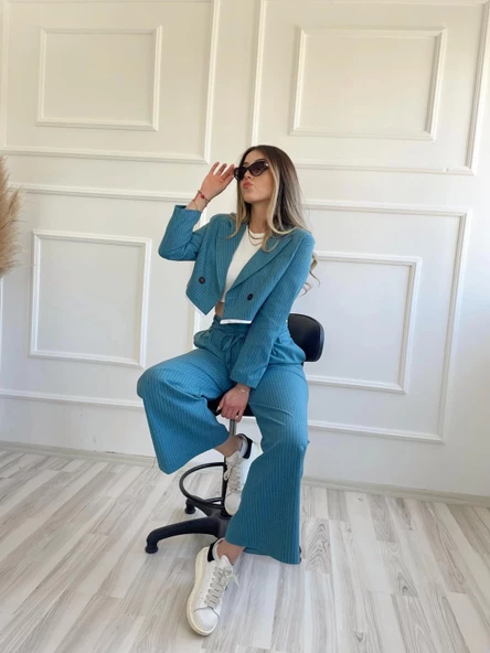 Çizgili Çift Mavi Bağcıklı Palazzo Pantolon - 5