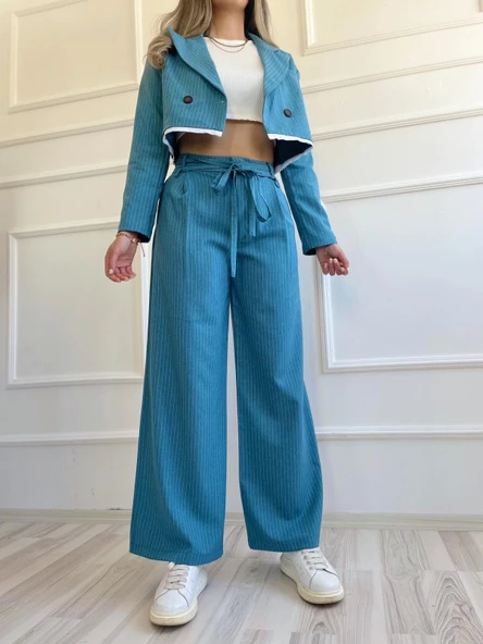 Çizgili Çift Mavi Bağcıklı Palazzo Pantolon - 3