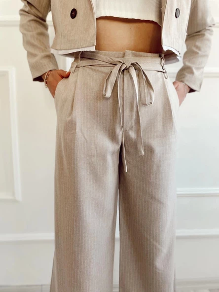 Çizgili Çift Bej Bağcıklı Palazzo Pantolon - Resim 3