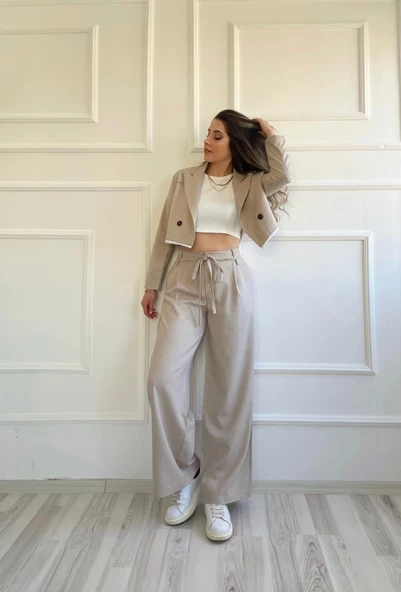 Çizgili Çift Bej Bağcıklı Palazzo Pantolon - Resim 2