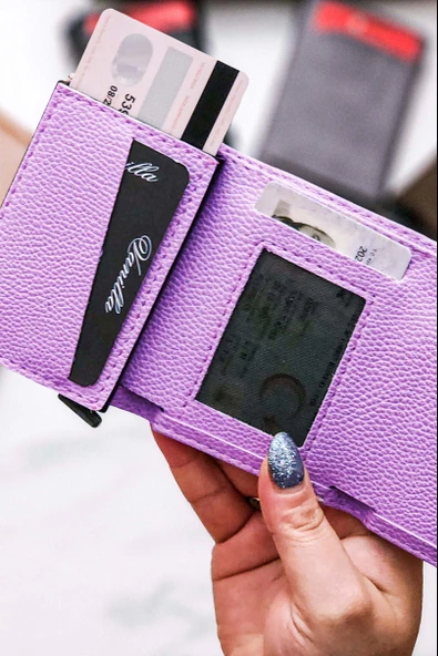 Mekanizmalı Cüzdan Vegan Deri Kartlık 9 Adet Kart Ve Geniş Para Bölmeli Rfıd Engelleme Lila - Resim 3