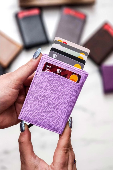 Mekanizmalı Cüzdan Vegan Deri Kartlık 9 Adet Kart Ve Geniş Para Bölmeli Rfıd Engelleme Lila ürün görseli