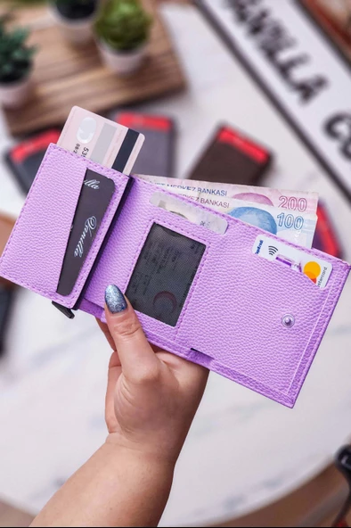 Mekanizmalı Cüzdan Vegan Deri Kartlık 9 Adet Kart Ve Geniş Para Bölmeli Rfıd Engelleme Lila - Resim 4