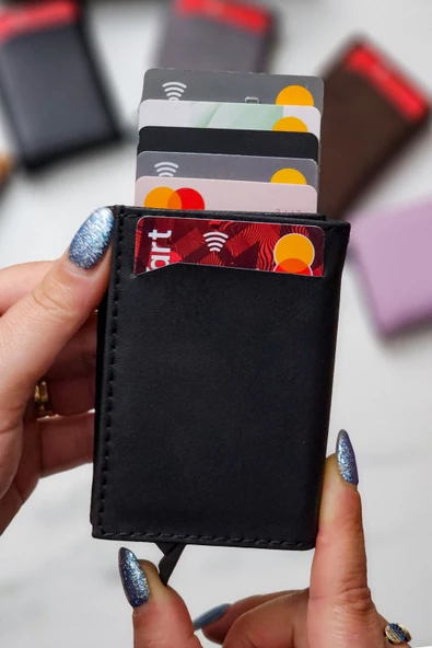 Mekanizmalı Cüzdan Vegan Deri Kartlık 9 Adet Kart Ve Geniş Para Bölmeli Rfıd Engelleme Crayz Siyah