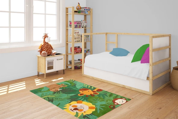 Çocuk Halısı ve Bebek Halısı Yıkanabilir Kaymaz Taban Figürlü Yeşil Dijital Baskı Halı HC069 - 2
