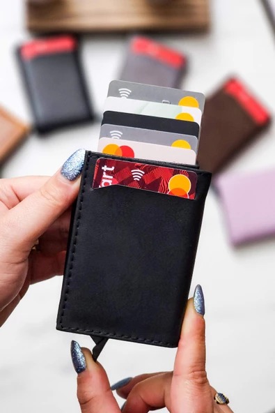 Mekanizmalı Cüzdan Vegan Deri Kartlık 9 Adet Kart Ve Geniş Para Bölmeli Rfıd Engelleme Crayz Siyah - 4