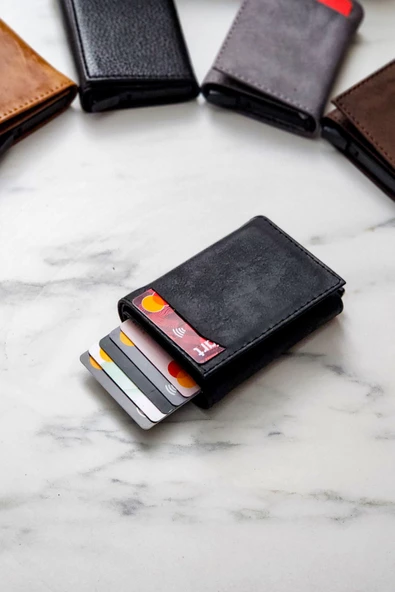 Mekanizmalı Cüzdan Vegan Deri Kartlık 9 Adet Kart Ve Geniş Para Bölmeli Rfıd Engelleme Crayz Siyah - 3