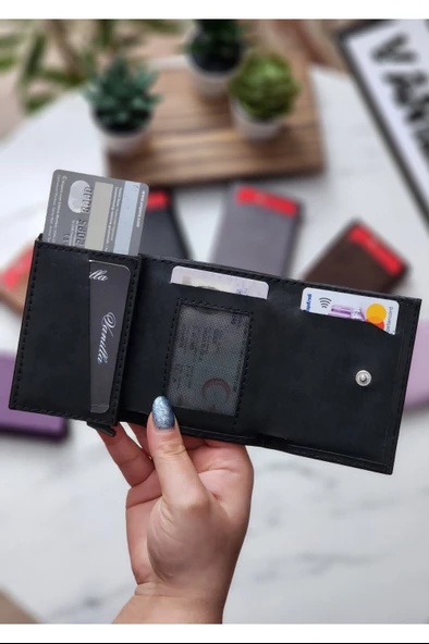 Mekanizmalı Cüzdan Vegan Deri Kartlık 9 Adet Kart Ve Geniş Para Bölmeli Rfıd Engelleme Crayz Siyah - 2