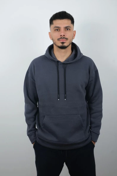 Erkek Kapüşonlu ve Önden Cepli Düz Polar Sweatshirt Antrasit