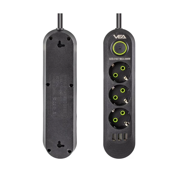 Vea VA-21557 3'lü 3 USB'li 1.5 Metre Akım Korumalı Priz Siyah - 2
