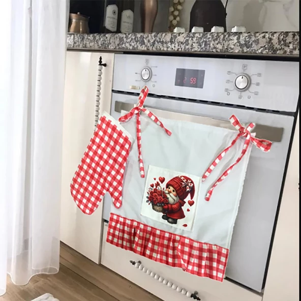 Aşk Cücesi Love Gnome Fırfırlı, Buldan keten Fırın Önlüğü (Örtüsü) ve Eldiveni