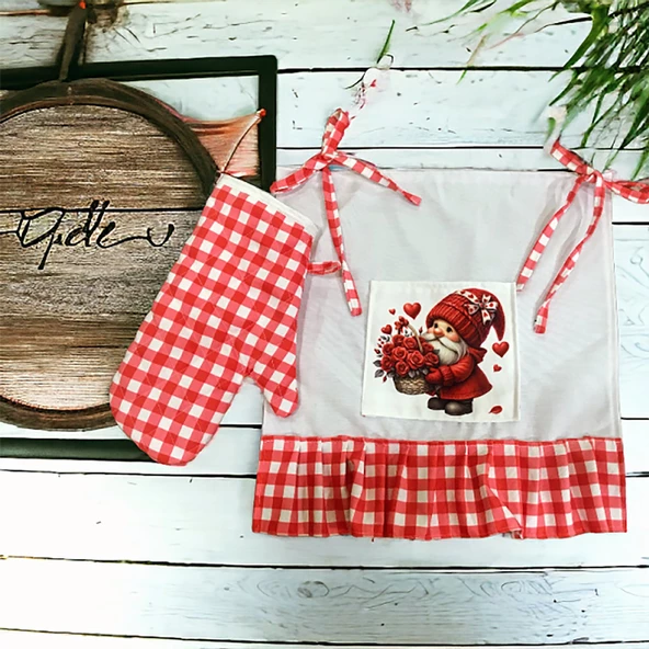 Aşk Cücesi Love Gnome Fırfırlı, Buldan keten Fırın Önlüğü (Örtüsü) ve Eldiveni - Resim 3