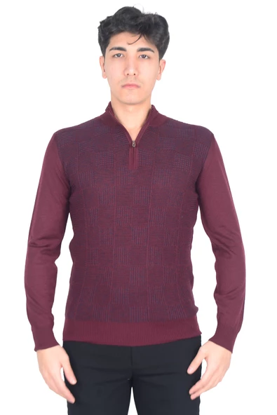 Cengiz İnler Yarım Balıkçı Yaka Fermuarlı Kare Desen Yünlü Erkek Triko Kazak - 2