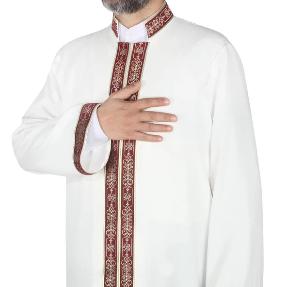 İmam Cübbesi Kemik Rengi - Bordo Biyeli Bordürlü - 4