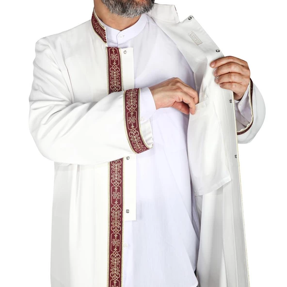 İmam Cübbesi Kemik Rengi - Bordo Biyeli Bordürlü