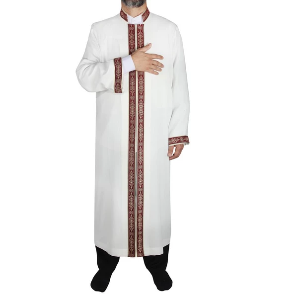 İmam Cübbesi Kemik Rengi - Bordo Biyeli Bordürlü - 5