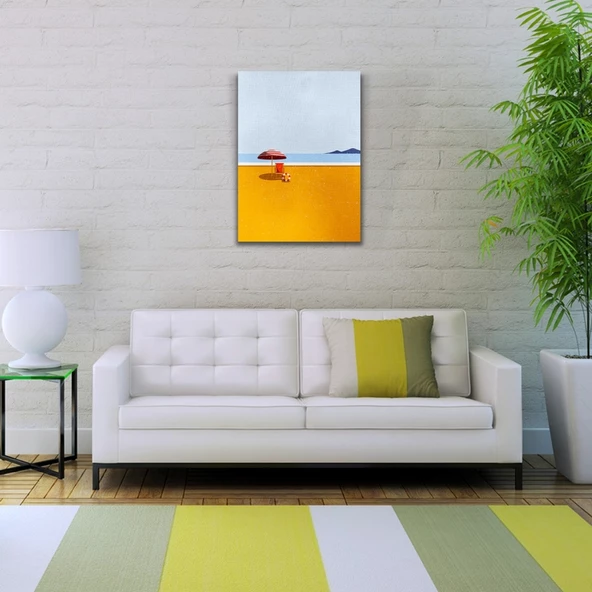 Kumsalda Kırmızı Şemsiye ve Şezlong Kanvas Tablo 50 x 70 - Resim 3