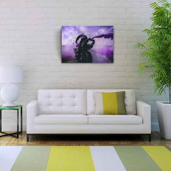 Mor Dumanlar saçan Motosiklet ve Sürücüsü Kanvas Tablo 50 x 70 - Resim 2