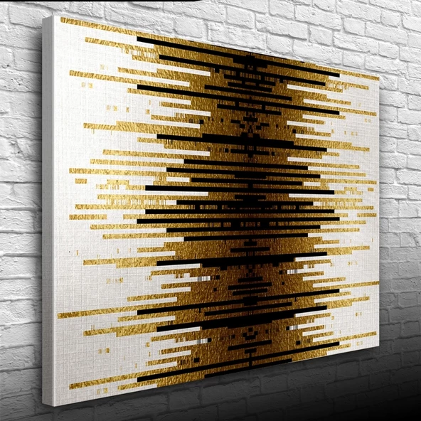 Altın Rengi, Siyah ve Beyaz Çizgili Desen Kanvas Tablo 50 x 70 - Resim 3