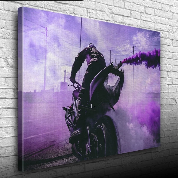 Mor Dumanlar saçan Motosiklet ve Sürücüsü Kanvas Tablo 50 x 70 - Resim 3
