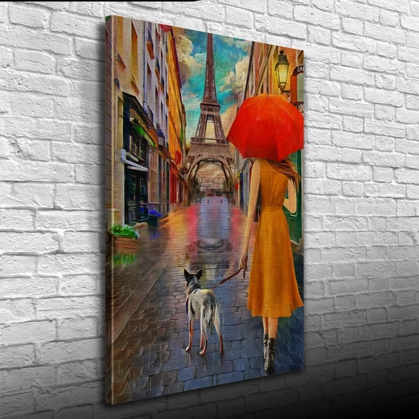 Eyfel Kulesi önünde Kırmızı Şemsiyeli Kadın Yağlıboya Kanvas Tablo 50 x 70 - Resim 3